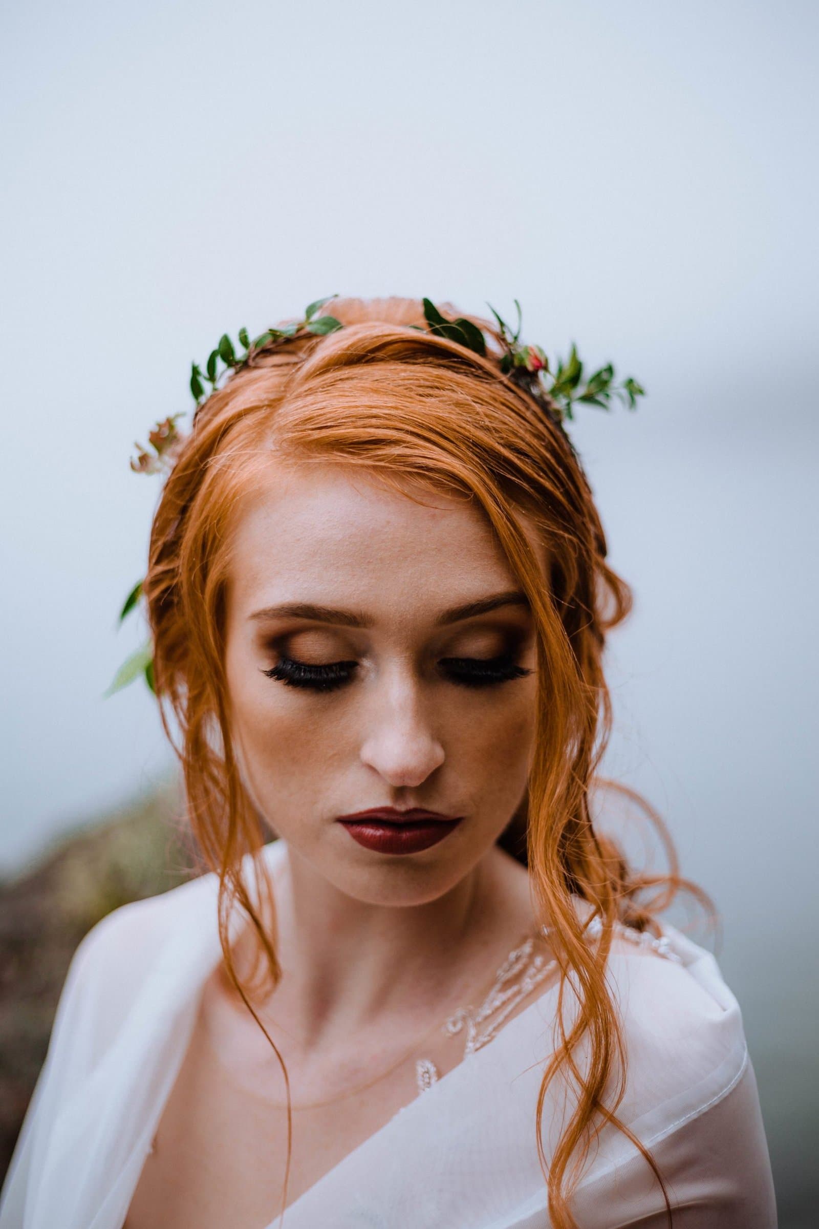 Close-up bridal portrait with a floral crown